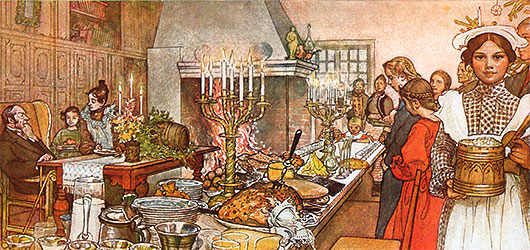 Tegning av bord dekket med julemat og mennesker pyntet til jul.