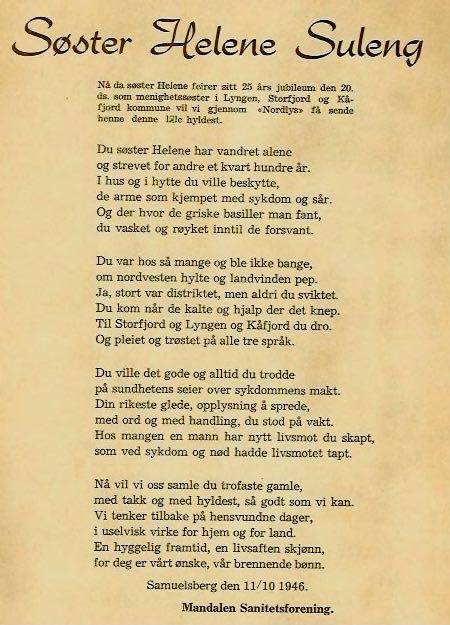 Hyllest til Søster Helene Suleng.