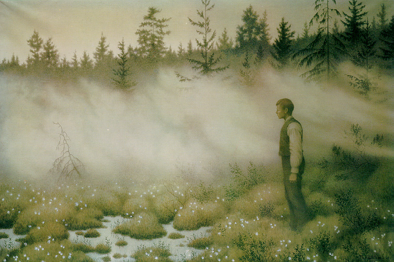 «Huldra forsvant» av Theodor Kittelsen. Akvarellen viser huldra som blir borte etter å ha lokket en ung mann ut på ei myr.